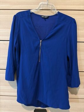 Express Women's Cobalt Blue V-Neck Blouse with Gold Zip